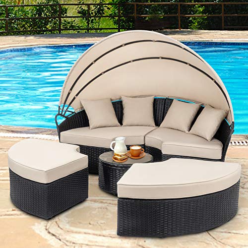 Walsunny Patio Furniture Outdoor Lawn Backyard Poolside Garden Round Daybed with Retractable Canopy Wicker Rattan Seating Separates Cushioned Seats
