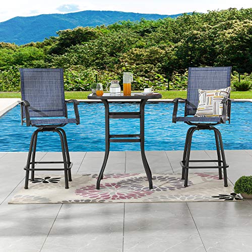 LOKATSE HOME 3 Pcs Bar Stools Set 2 High Swivel Chairs and 1 Height Outdoor Bistro Table Patio Furniture Blue Tesling Fabric