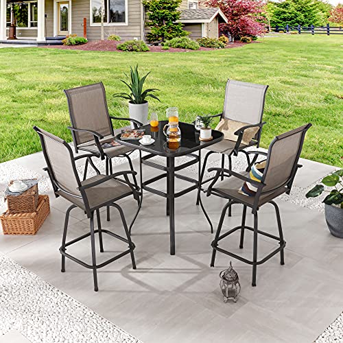 LOKATSE HOME 5 Piece Patio Dining Set Tesling Swivel Chairs with Glass Square Table Outdoor Furniture Bistro Rotating Stools for Poolside Cafe Porch Chic Bar Grey