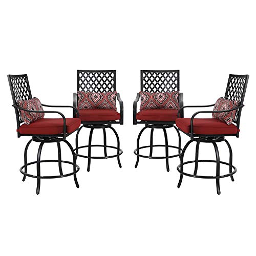 PHI VILLA Patio Outdoor Swivel Bar Stools Set of 4 Patio Bar Height Bistro Dining Chairs All Weather Metal Garden Furniture Sets with Cushion and Armrest Red