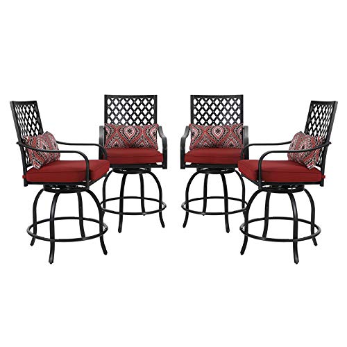 PHI VILLA Patio Outdoor Swivel Bar Stools Set of 4 Patio Bar Height Bistro Dining Chairs All Weather Metal Garden Furniture Sets with Cushion and Armrest Red