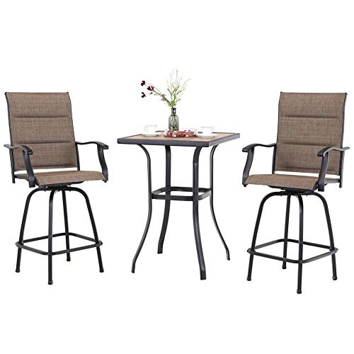 PHI VILLA Swivel Bar Stools Set 3 PC Outdoor Kitchen Bar Height Patio Bistro Set Padded Sling Fabric AllWeather Patio Furniture