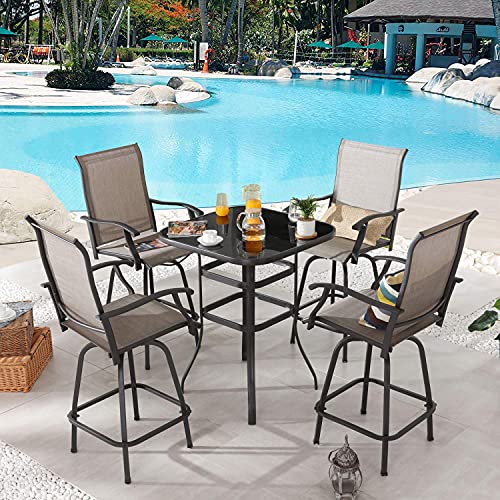 PatioFestival 5 Pieces Outdoor Patio Swivel Bar Stools Height Bistro Chairs Set Dining Chair Set All Weather Frame Furniture with 1 Glass Top Table