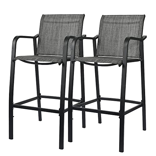 Sundale Outdoor Bar Stools Set of 2 2 Piece Metal Bar Stool Patio Textilene Bar Height Chairs with Arms High Top Patio Bar Chairs Outdoor Furniture Bar Stools  Gray