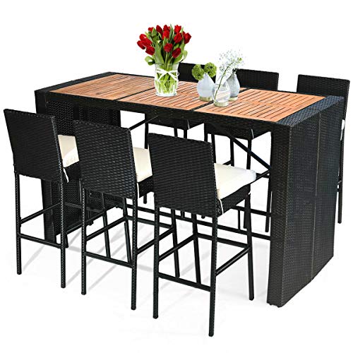 Tangkula 7 PCS Outdoor Dining Set Patio Wicker Furniture Set with Acacia Wood Bar Table Top and Removable Cushion Conversation Set for Patios Backyards Porches Gardens and Poolside (Black)