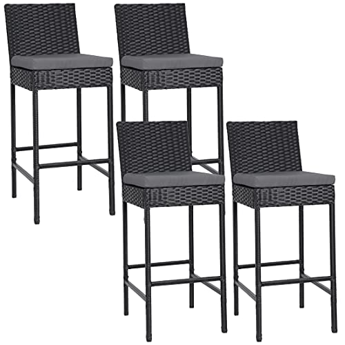 lafuria 4 Packs Wicker Barstools Outdoor Patio Rattan Furniture with 4 Cushions for Lawn Balcony Garden Black