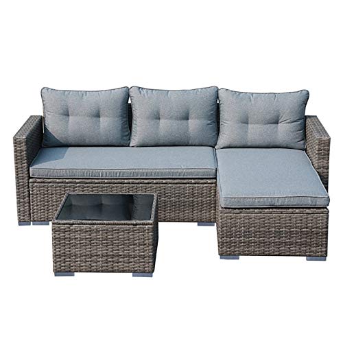 JOIVI Outdoor Patio Furniture Set Small Sectional Conversation Set AllWeather Wicker Rattan Furniture Sofa Set Outdoor Patio Seating with Cushions Tempered Glass Coffee Table SilverGray