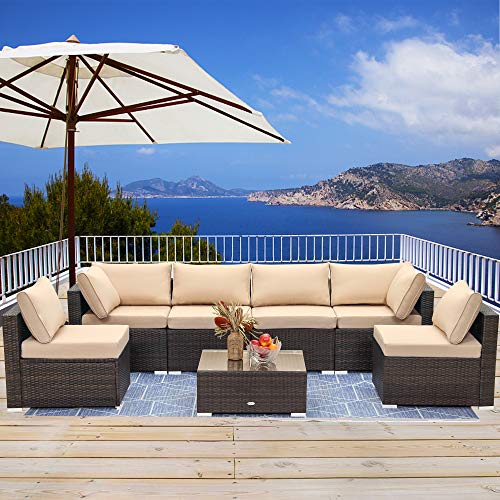 LayinSun 7 Piece Patio Furniture Sets Outdoor Sectional Patio Conversation Set Wicker Rattan Sofa Chair Set with Cushion and Glass Table