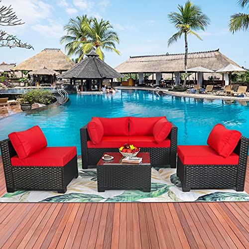 Outdoor Patio PE Wicker 5 Piece Furniture Set Black Rattan Sectional Conversation Sofa Chair with Coffee Table Red Cushion