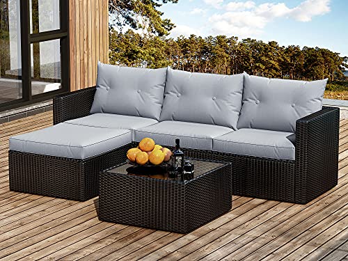 SHA CERLIN 3 Pieces Patio Conversation Set PE Wicker Rattan Outdoor Furniture Set Lounge Sofa and Loveseat with Dark Grey Cushions Tempered Glass Coffee Table Brown