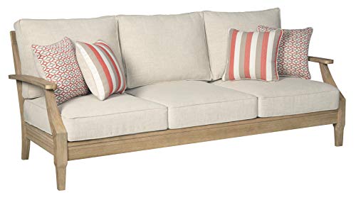 Signature Design by Ashley Clare View Coastal Outdoor Patio Eucalyptus Sofa with Cushions Beige