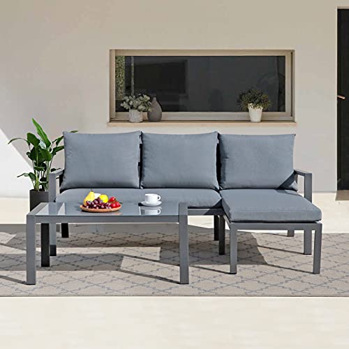Soleil Jardin Outdoor Patio Furniture Set with Chaise Lounge Aluminum Sofa Set for Porch Garden Space Saving LShaped Corner Sectional Chair with Glass Coffee Table Dark Grey Finish  Grey Cushion