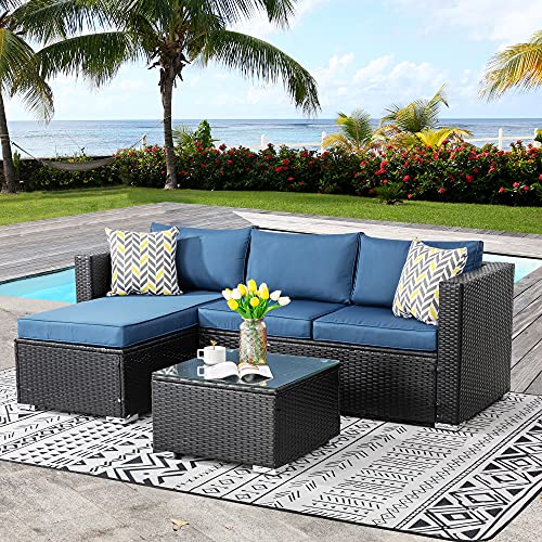 Walsunny Outdoor Furniture Patio SetsLow Back AllWeather Small Rattan Sectional Sofa with Tea TableWashable Couch CushionsUpgrade Wicker(Black Rattan) (3Piece) (Aegean Blue)