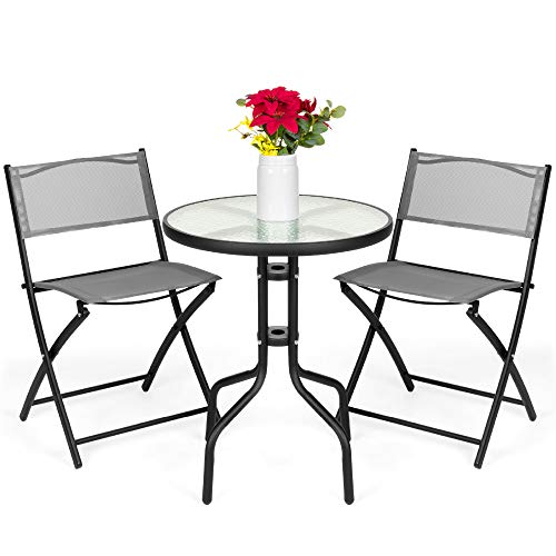 Best Choice Products 3Piece Patio Bistro Dining Furniture Set wTextured Glass Table Top 2 Folding Chairs Steel Frame Polyester Fabric  Gray
