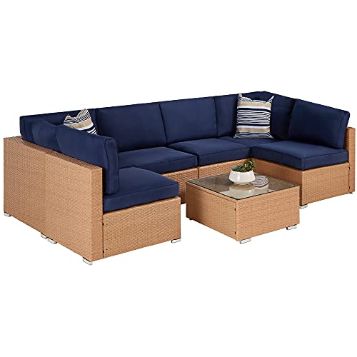 Best Choice Products 7Piece Modular Outdoor Sectional Wicker Patio Furniture Conversation Sofa Set w 6 Chairs 2 Pillows Seat Clips Coffee Table Cover Included  NaturalNavy