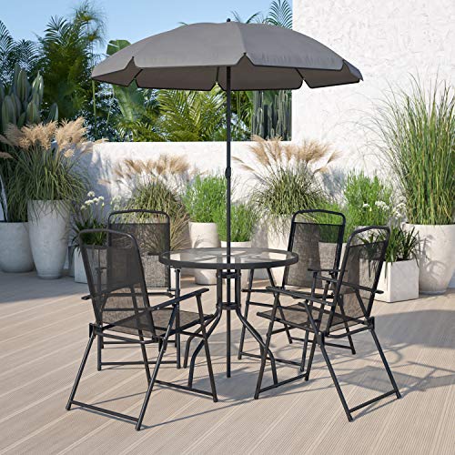 Flash Furniture Nantucket 6 Piece Patio Garden Table Set  Umbrella Table  Set of 4 Black Folding Chairs