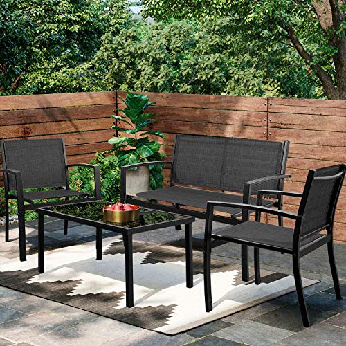 Greesum 4 Pieces Patio Furniture Set Outdoor Conversation Sets for Patio Lawn Garden Poolside with A Glass Coffee Table Black