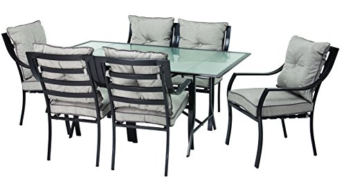 Hanover Lavallette 7Piece Steel Outdoor Patio Dining Set with Silver Lining Cushions 6 Dining Chairs and Tempered Glass Rectangular Dining Table LAVALLETTE7PC