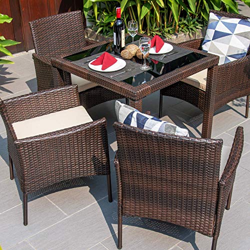 MW 5 Piece Patio Dining Set Wicker Outdoor Chairs and Glass Table for Balcony PE Rattan Dining Table Set for Lawn Garden Backyard (Throw Pillow NOT Included)