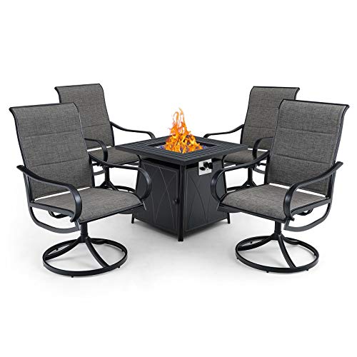 PHI VILLA 5 Piece Patio Dining Set with Firepit Table 4 Padded Textilene Swivel Outdoor Dining Chairs with Metal Frame  28 Inch 50000 BTU AutoIgnition Propane Gas Fire Pit Table