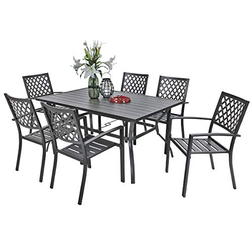 PHI VILLA Outdoor Patio Dining Set of 7 with Metal 60x38 Rectangular Dining Table and Bistro Chairs  Black