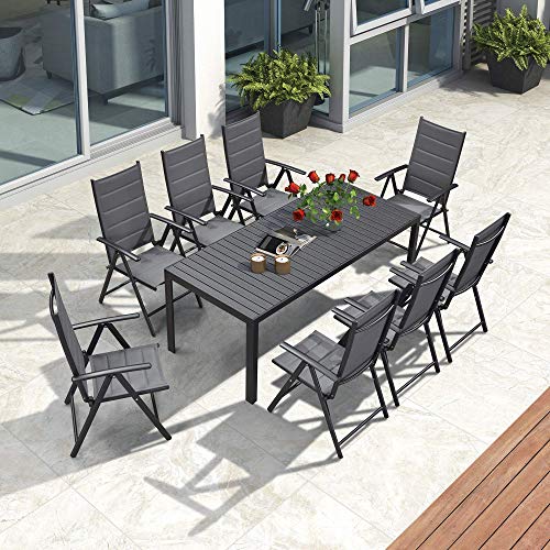PURPLE LEAF 9 Pieces Outdoor Patio Dining Set with 8 Folding Portable Chairs and 1 Rectangle WoodPlastic(WPC) Table Foldable Adjustable High Back Reclining Chairs with Soft CottonPadded Seat Grey