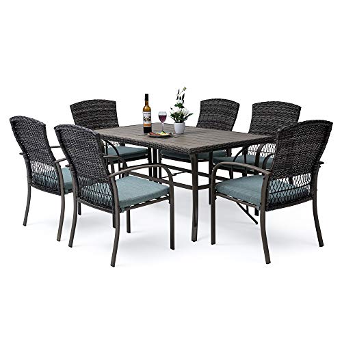 Pamapic 7 Piece Patio Dining Set Outdoor Dining Table Set Patio Wicker Furniture Set for Backyard Garden Deck PoolsideIron Slats Table Top Removable Cushions(Green)