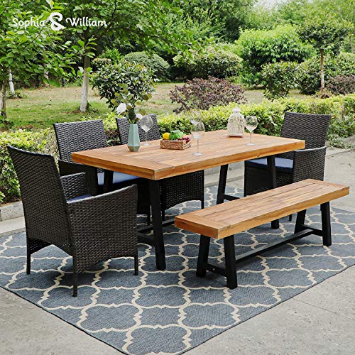 Sophia  William Outdoor Patio 6 Pieces Dining Set with 4 Brown PE Rattan Chairs and 1 Table and 1 Bench of Acacia Wood in Oil Finished Modern Outdoor Furniture Chairs with Seat Cushions for Porch