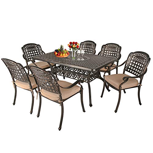 TITIMO 7Piece Outdoor Furniture Dining Set AllWeather Cast Aluminum Conversation Set Includes 1 Rectangular Table and 6 Chairs with Khaki Cushions and Umbrella Hole for Patio Garden Deck