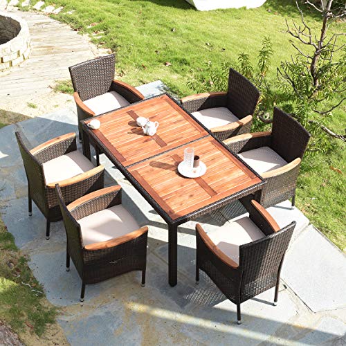 Tangkula 7 PCS Outdoor Patio Dining Set Garden Dining Set wAcacia Wood Table Top Stackable Chairs with Soft Cushion Poly Wicker Dining Table and Chairs Set (Brown)