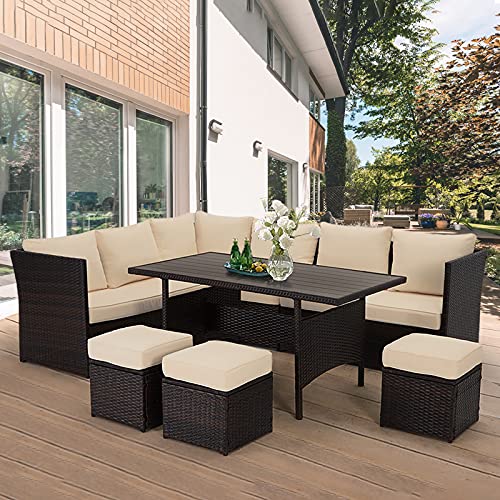 UMAX 7 Pieces Outdoor Furniture Set Wicker Rattan Patio Sectional Sofa Sets Wicker Sectional Patio Set Patio Dining Furniture with TableChair Brown Rattan  Tan Cushion