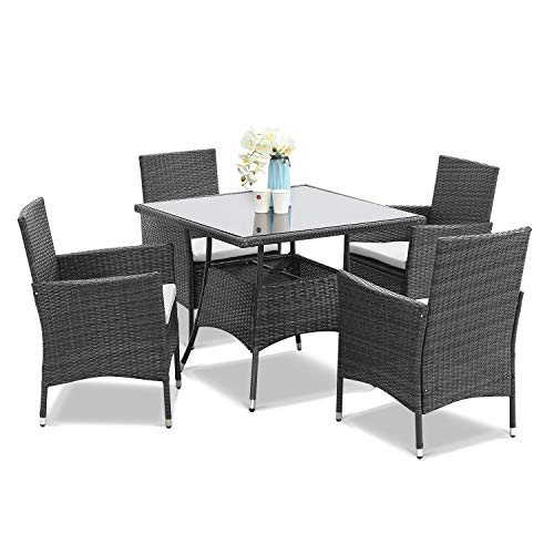 Wisteria Lane Outdoor Furniture 5Piece Wicker Patio Dining Table and Chair SetSquare Tempered Glass Table Top with Umbrella Hole for BackyardGrey