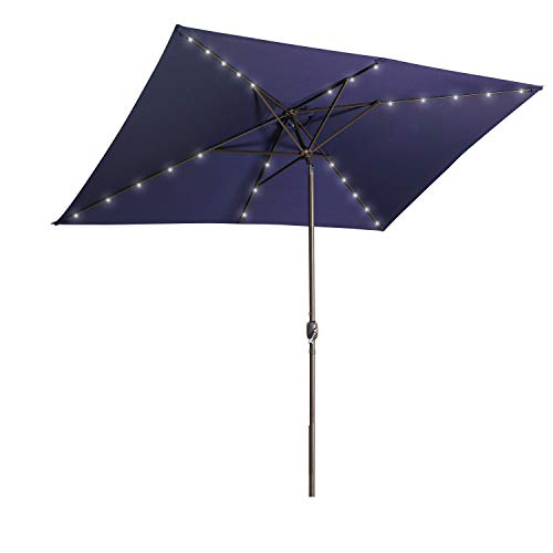Aok Garden 65×10 ft Rectangular Patio Umbrella with Solar Lights Outdoor Table Umbrella with Push Button Tilt  Crank 6 Sturdy Ribs for Market Deck Backyard Dark Blue