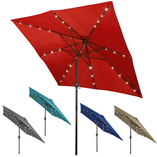 Blissun Square Patio Umbrella with 28 LED Lights Solar Umbrella Table Market Umbrella with Tilt and Crank Outdoor Umbrella for Garden Deck Backyard Pool and Beach Red