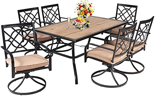 Betterland 7 Piece Patio Dining Set Outdoor Patio Furniture Set Metal Rectangular Dining Table and 6 Swivel Chair Set Metal Frame  Imitation Wood Finish Tabletop with Umbrella Hole for 68 Person