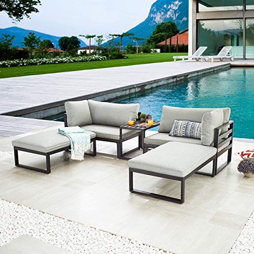 LOKATSE HOME 5 Pieces Patio Furniture Conversation Metal Sofa Set Outdoor Indoor Chaise Lounge Cushioned Chairs with Ottoman Table Grey