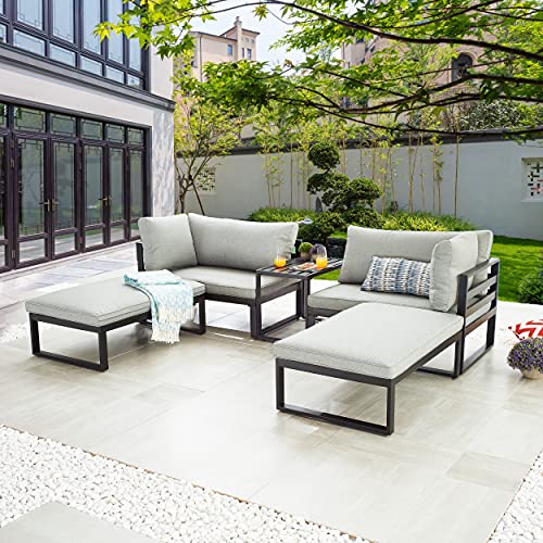 LOKATSE HOME 5 Pieces Patio Sofas Outdoor Conversation Set U Shape Leg Metal Furniture Chaise Lounge Cushioned Chairs with Ottoman Side Table Grey