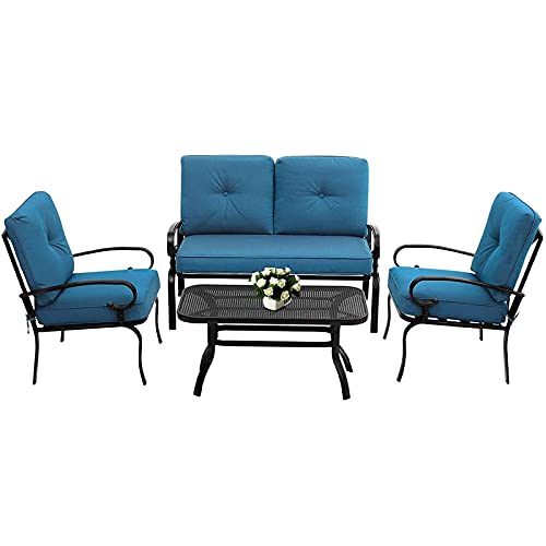 Oakmont 5Pcs Outdoor Furniture Patio Conversation Sets Loveseat 2 Motion Spring Chairs with Coffee Table Metal Frame Chair Set (Peacock Blue)