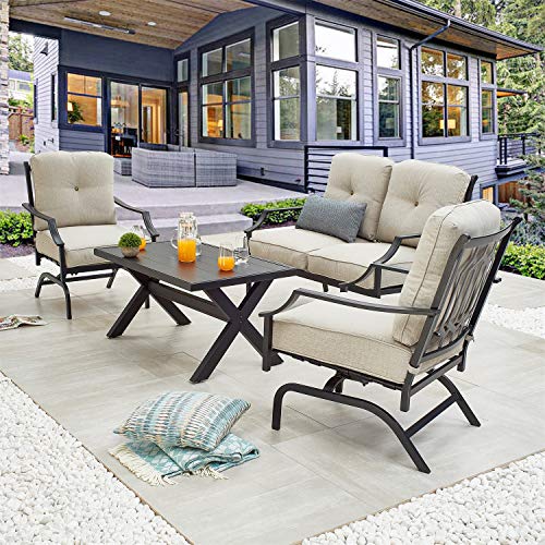 PatioFestival Patio Conversation Set Metal Outdoor Furniture Sets All Weather Cushioned Loveseat  2 Rocking Chairs  1 Coffee Table for Poolside Lawn Yard 4pcs