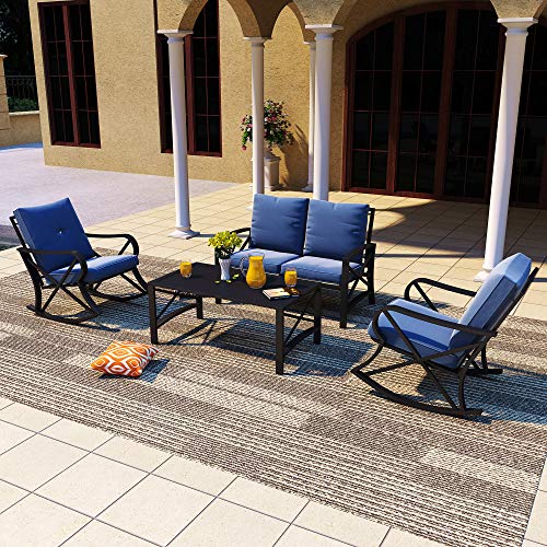 PatioFestival Patio Furniture Conversation Set Outdoor Patio Conversation Sectional Sets Rocking Chair Loveseat Metal Frame with Cushions Coffee Table for PoolSide Backyard Lawn (5Pcs Blue)