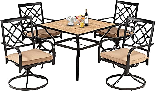 SUNCROWN 5 Pieces Outdoor Furniture Patio Metal Dining Set Swivel Cushioned Chairs Set Wooden Top Square Bistro Table Set Backyard Patio Lawn Garden