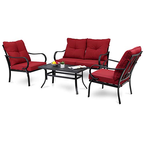 WAMPAT 4 Pcs Wrought Iron Patio Conversation Sets Black Metal Frame Outdoor Furniture Sets with 2 Curve Handrails Chairs 1 Loveseat and 1 Iron Slatted Desktop Coffee Table Red Cushions