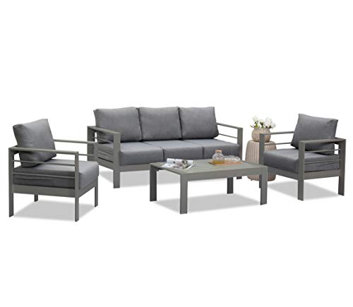 Wisteria Lane Outdoor Patio Furniture Sets 4 Piece Aluminum Sectional Sofa Grey Metal Conversation Set with Dark Grey Cushions