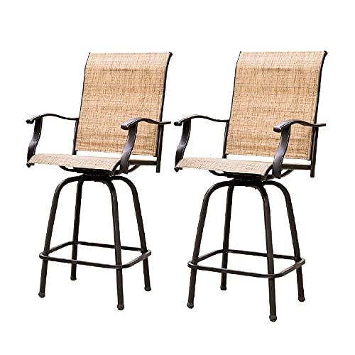 2 Piece Swivel Bar Stools Outdoor High Patio Chairs Furniture with All Weather Metal Frame