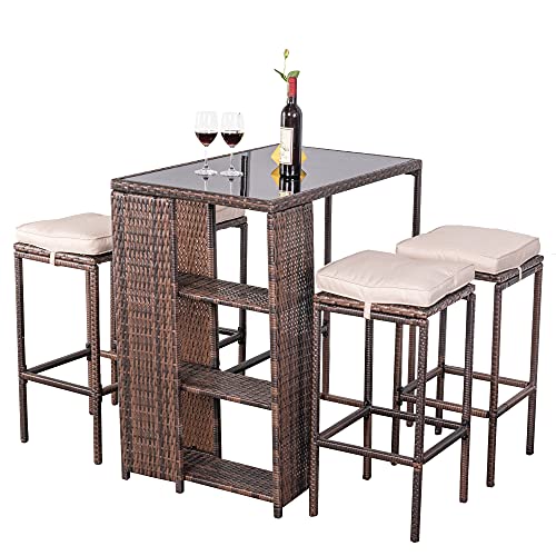 Aura Outdoor 5 Piece Patio Bar Set Bar Height Outdoor Dining Set Counter Height Patio Dining Set of 5 High Top Wicker Bar Stools and Table Outdoor Bar Set with Cushions  BrownRattan Steel