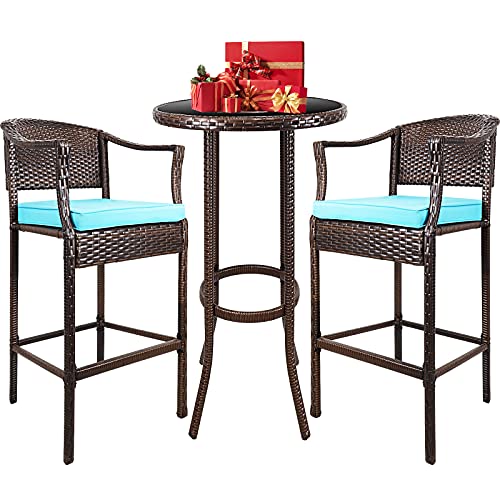 Outdoor Wicker Bar Stools 3 Pcs Patio Bar Height Bistro Chair Outdoor Patio Furniture Sets Wicker Conversation Set for Backyard Balcony Poolside with Glass Coffee Table and High Bar Stool