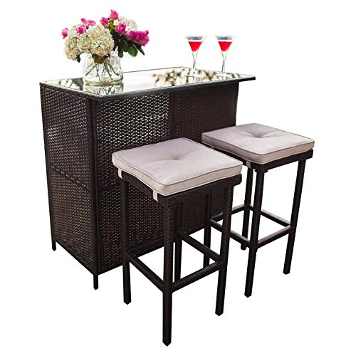 SUNCROWN Outdoor Bar Set 3Piece Brown Wicker Patio Furniture  Glass Bar and Two Stools with Cushions for Patios Backyards Porches Gardens or Poolside
