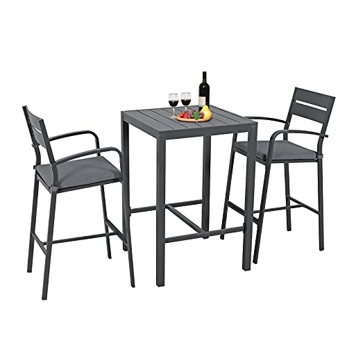 Soleil Jardin Aluminum Outdoor Bar Set 3Piece Outdoor Bar Height Table and Chairs Set Counter Height Bar Stools with Cushions  Slatted High Top Bar Table for Patios Backyard Poolside Dark Grey