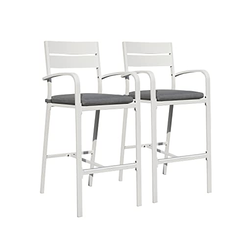 Soleil Jardin Outdoor Bar Stools Set of 2 AllWeather Aluminum Barstools Bar Height Patio Chairs with Cushions for Backyard Balcony Pool White
