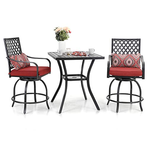 Sophia  William Patio Bar Set 3 Pieces Outdoor Bistro Set with 2 Swivel Bar Stools Bar Height Patio Chairs and 1 Square Patio Bar Table with Umbrella Hole